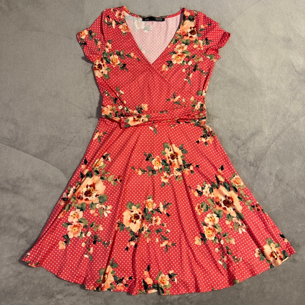 Rebel Sugar Pink Floral Short Sleeve Dress Women's Size M Faux Wrap Summer Girly